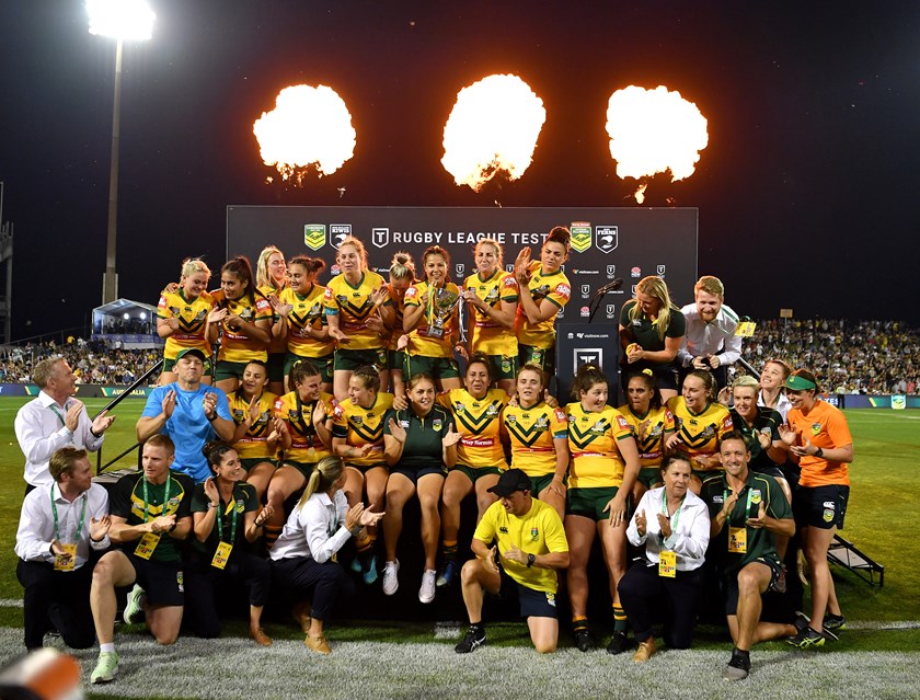 Debbie Brewin (bottom right) celebrates with the Jillaroos after last year's Test win over New Zealand in Wollongong.