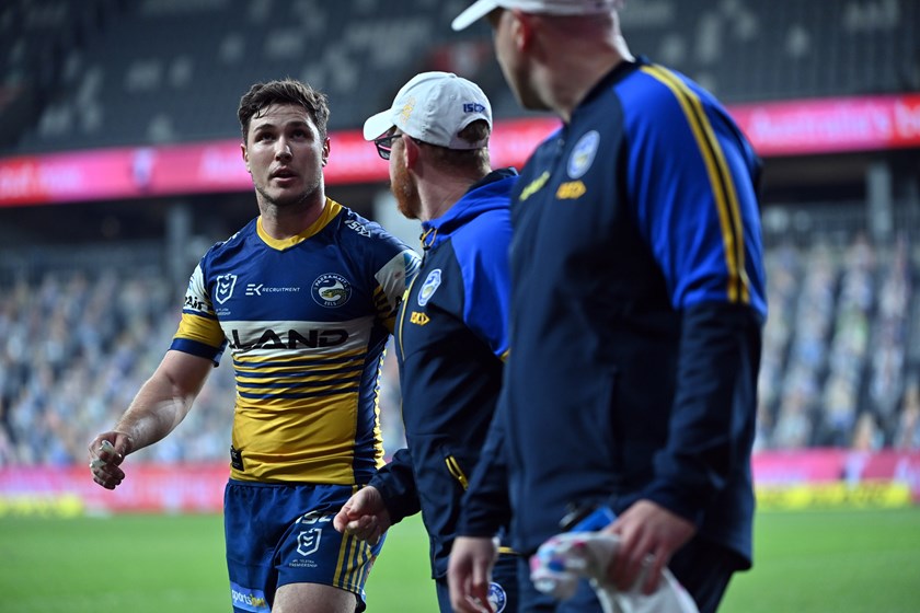 Mitchell Moses leaves the field injured in round seven.