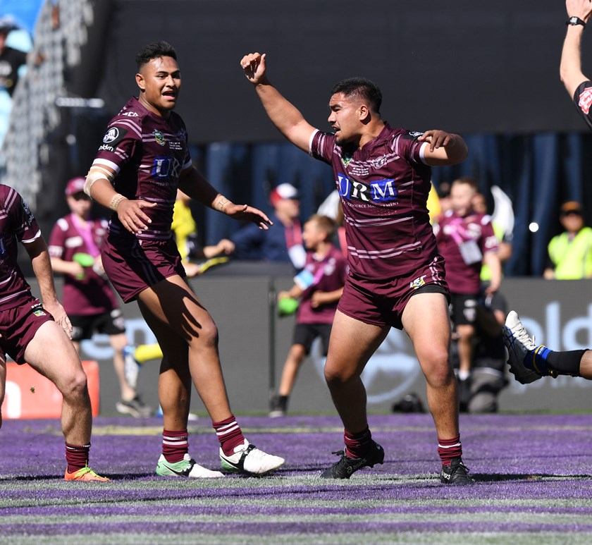 Keith Titmuss celebrates his match-winning try in the 2017 grand final.