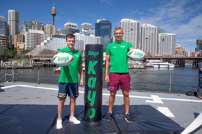 Luke Keary and Tom Trbojevic at the Kayo launch in Sydney.