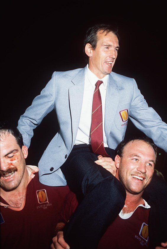 Wayne Bennett is chaired off by Martin Bella and Wally Lewis after the 1987 series win.