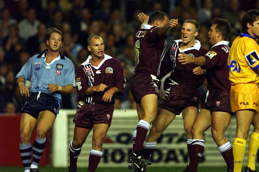 Kevin Walters rejoices after scoring for Queensland in 1998.