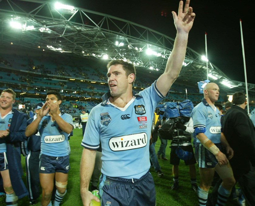NSW Blues five-eighth Brad Fittler farewells Origin football in 2004.
