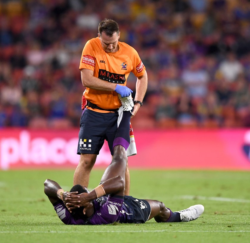 Suliasi Vunivalu receives treatment in the 2020 qualifying final against Parramatta.