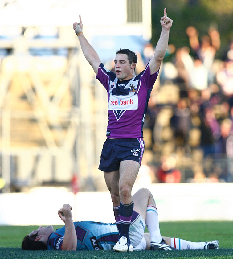 Cooper Cronk celebrates a match-winning field goal against Penrith in 2006.