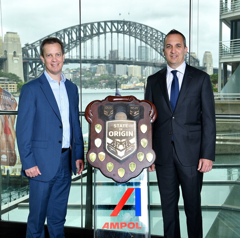 Ampol Managing Director and Chief Executive Officer Matthew Halliday and NRL CEO Andrew Abdo at the State of Origin announcement.