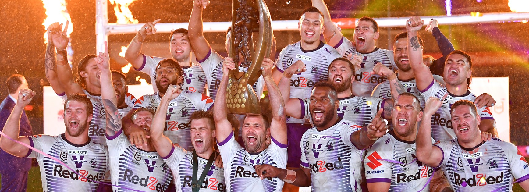 The Melbourne Storm celebrate their premiership win.