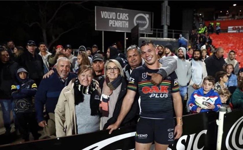 Brent Naden after his NRL debut in 2019 with grandparents Ron and Monica Blackhall, his grandfather Ralph Naden, mother Julie and father Geoff.