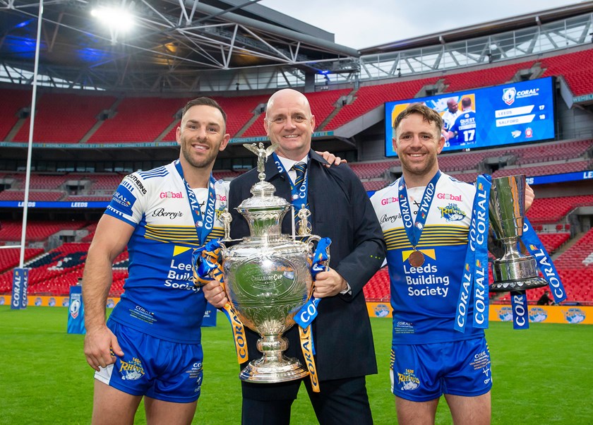 Rhinos captain Luke Gale with coach Richard Agar and Lance Todd Trophy winner Richie Myler after their side defeated Salford in the Challenge Cup final.