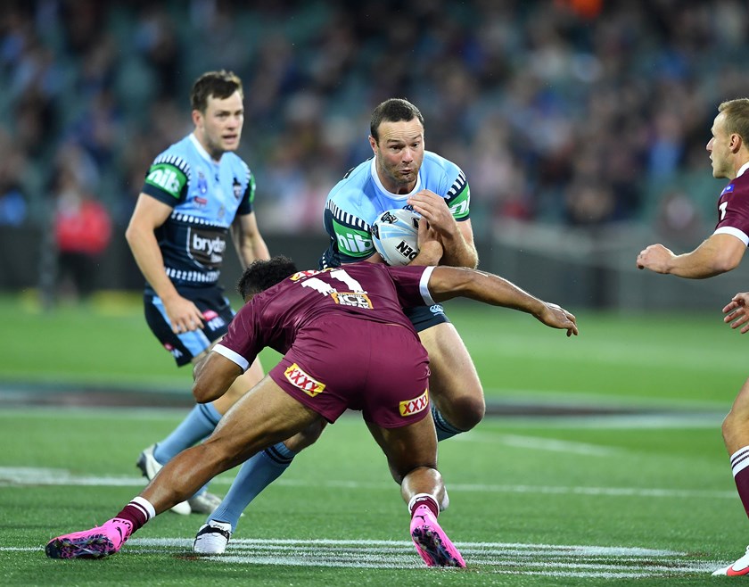 Blues captain Boyd Cordner hits the ball up in Origin I at Adelaide.