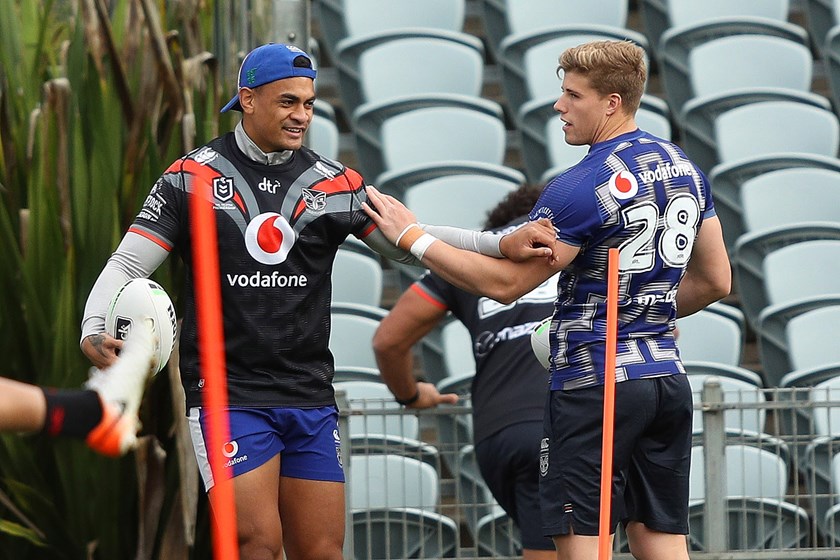 New recruit Jack Murchie at Warriors training on Friday with Ken Maumalo.