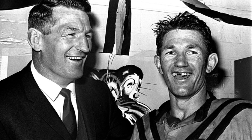 Peter Provan is congratulated by big brother Norm after Balmain's 1969 grand final win.
