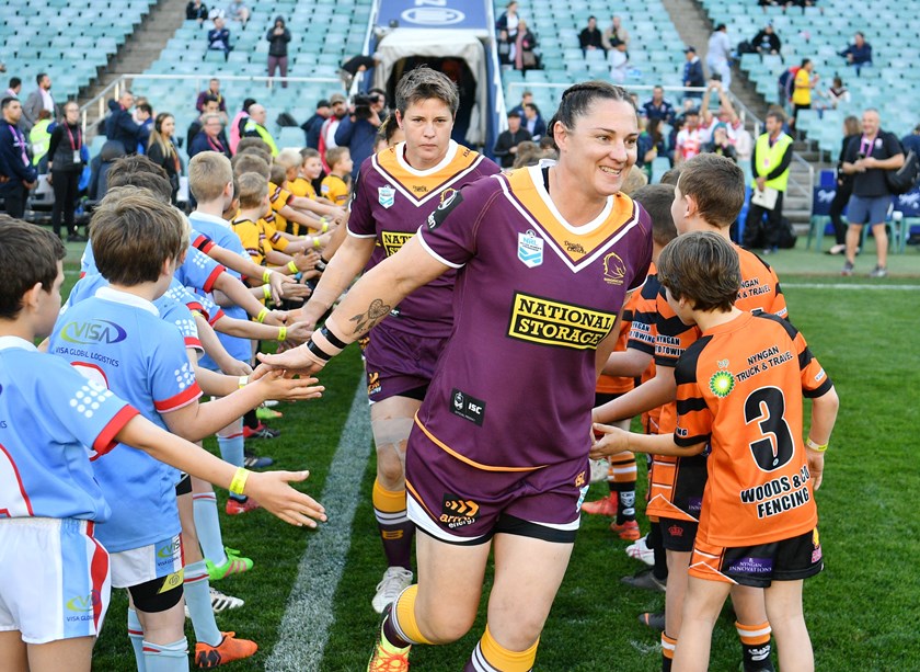 Steph Hancock leads out the Broncos in 2018.