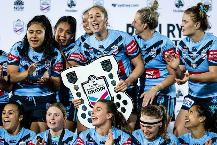 The NSW women celebrate their 2019 State of Origin win.