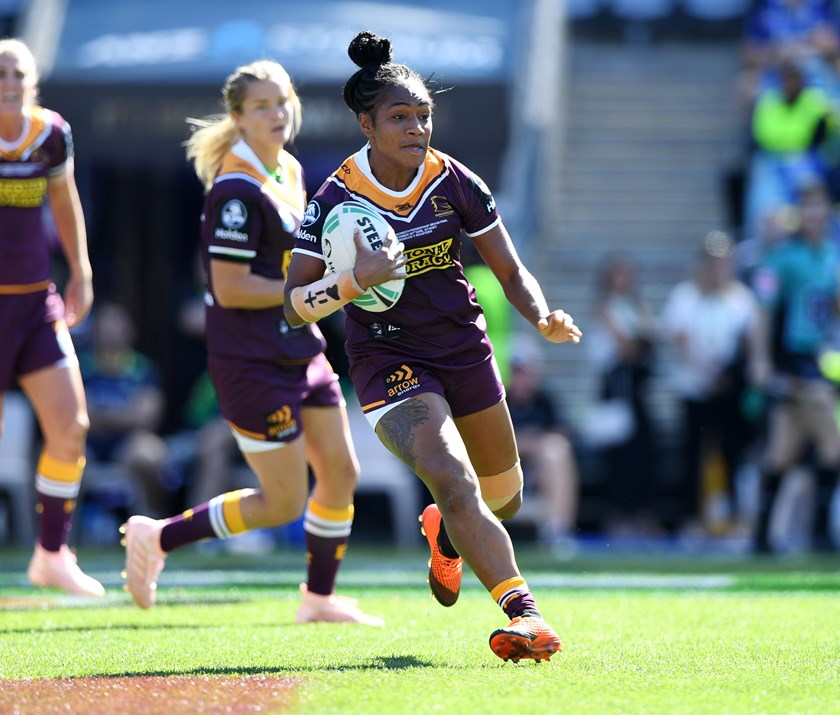 Broncos centre Amelia Kuk looks to make a break during the emphatic NRLW 2018 grand final win over the Roosters.