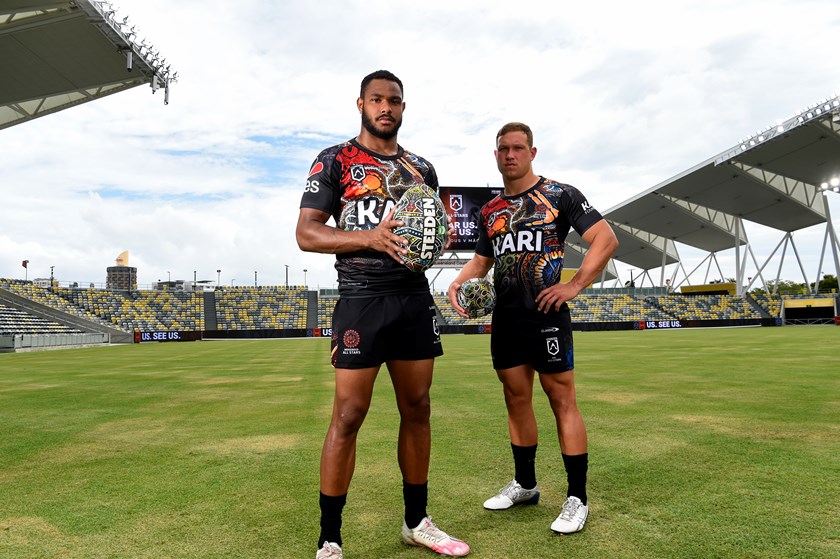 Hamiso Tabuai-Fidow and Reuben Cotter at the All Stars launch in Townsville.