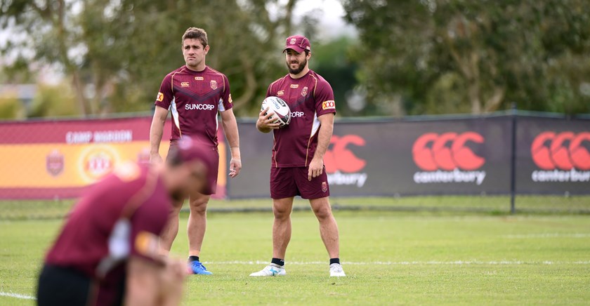 Andrew McCullough and Ben Hunt at Maroons training in 2017.