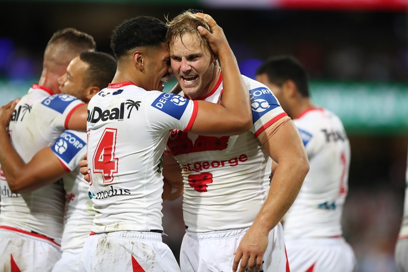 Jack de Belin celebrates a Dragons try in the ANZAC Day clash