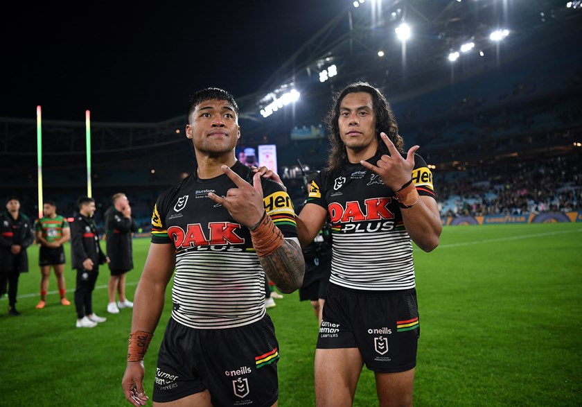 Mt Druitt-raised Panthers stars Jarome Luai and Brian To'o celebrate last weekend's preliminary final defeat of Souths