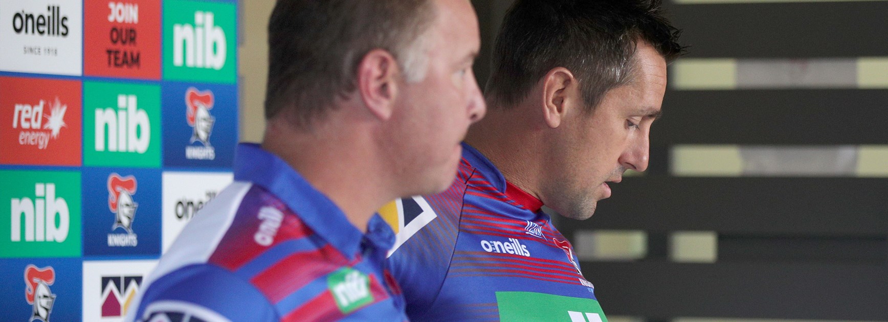 Knights coach Adam O'Brien and halfback Mitchell Pearce.