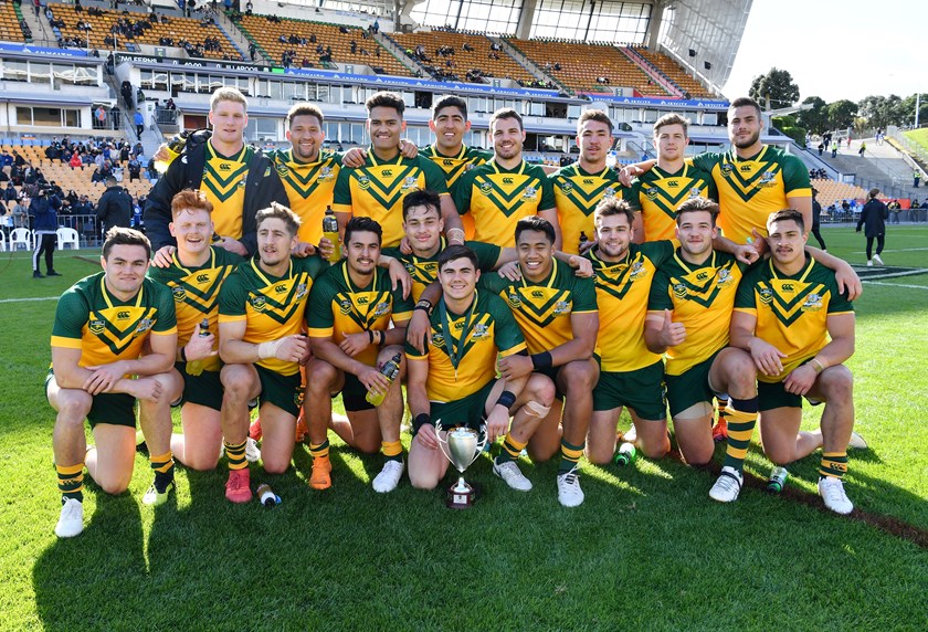 Kyle Flanagan (bottom left) and Corey Allan (top right) in the 2018 Junior Kangaroos team.