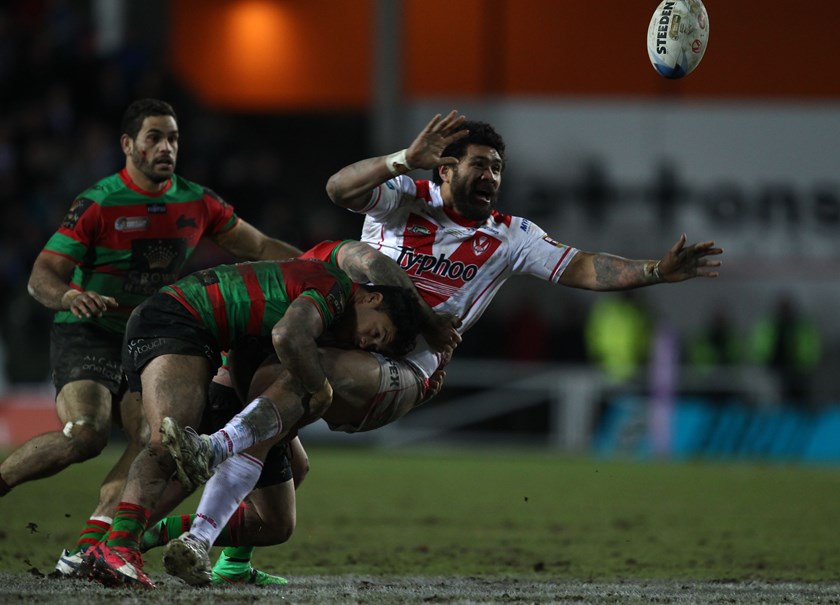 Mose Masoe passes for St Helens against Souths in the 2015 World Club Challenge.