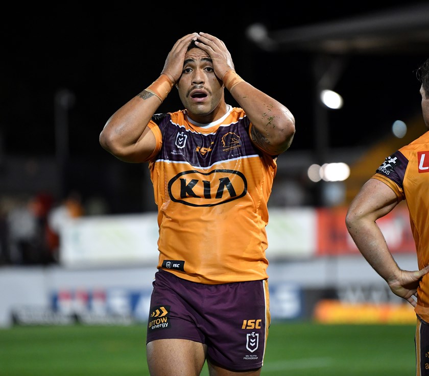 Joe Ofahengaue's face tells the story of a horror night at Leichhardt in 2020 with Brisbane.
