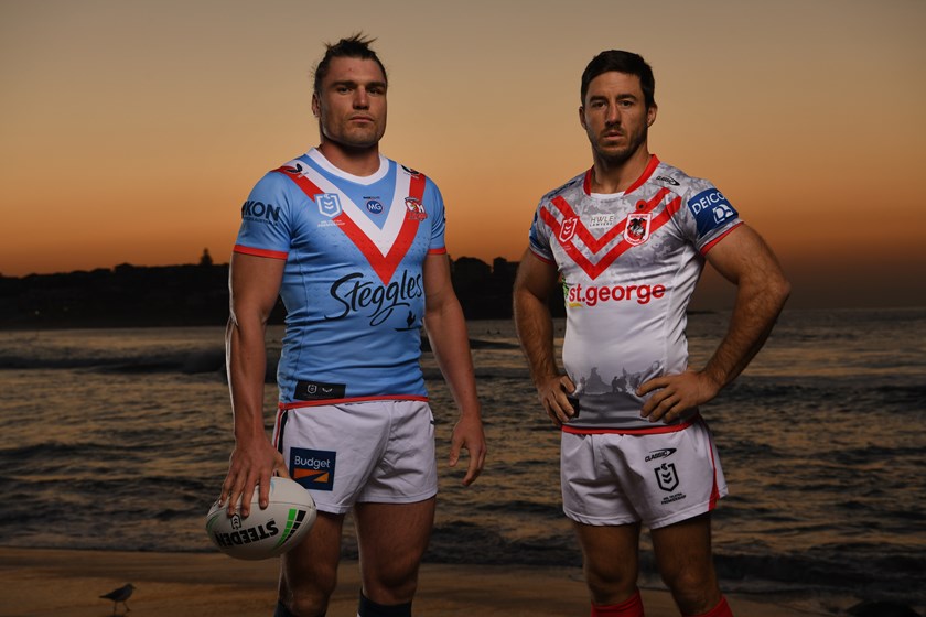 Rooster Angus Crichton and Dragon Ben Hunt in the special Anzac Day jerseys to be worn on Sunday at the SCG.