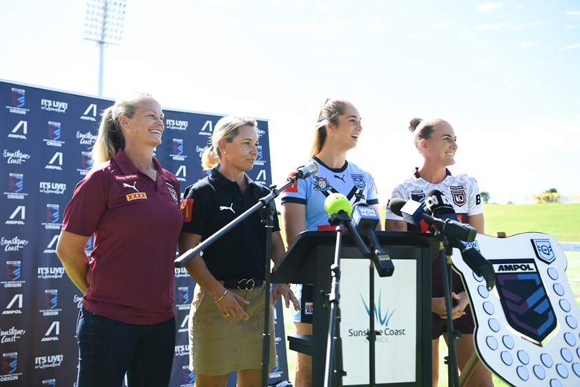 Tahnee Norris, Kylie Hilder, Kezie Apps and Ali Brigginshaw at the Women's State of Origin launch at Sunshine Coast Stadium.