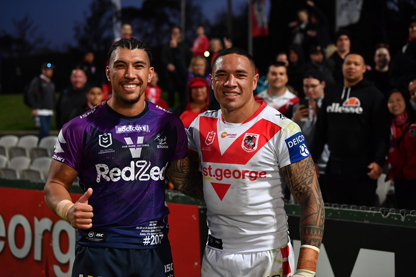 Aaron Pene with Tyson Frizell after his NRL debut in round 20 last year.