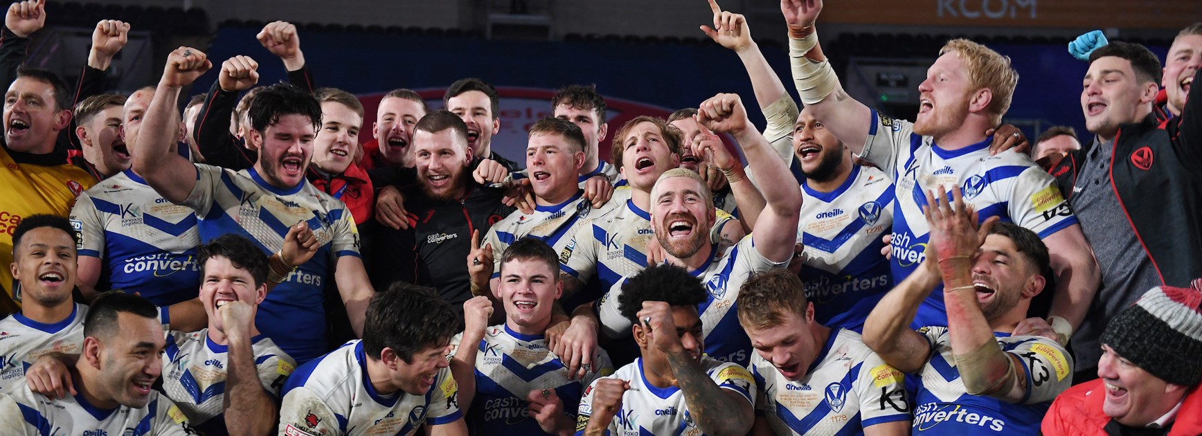 St Helens players celebrate winning the 2020 Super League title.
