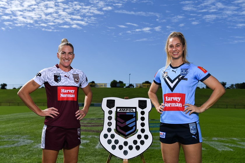 Ali Brigginshaw and Kezie Apps with the new Origin shield up for grabs in 2021.