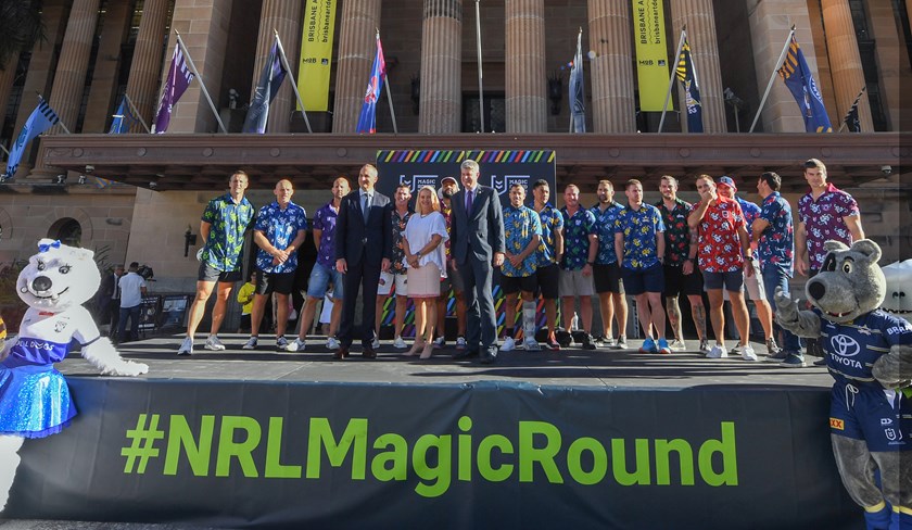 NRL CEO Andrew Abdo, Queensland Minister for Sport Stirling Hinchliffe and club representatives launch Magic Round in Brisbane.