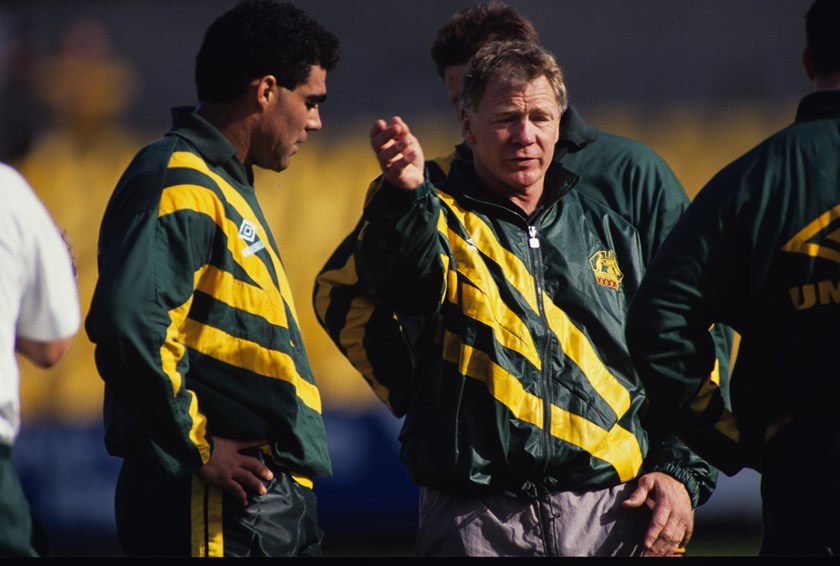 Bob Fulton with Mal Meninga during a Kangaroos training session in 1992.