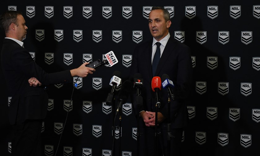 Andrew Abdo addresses the media over Jack de Belin at Rugby League Central.