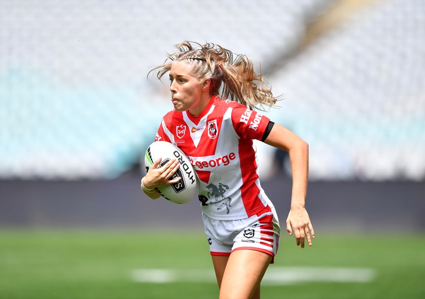 Teagan Berry on the move for the Dragons during the 2020 NRLW season.