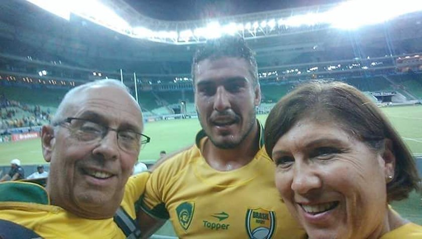Mark Jackson and his parents after playing rugby union for Brazil.