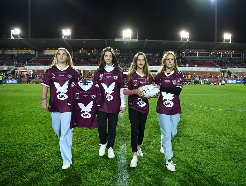 Manly legend Bob Fulton's grand daughters during the special pre-game ceremony.