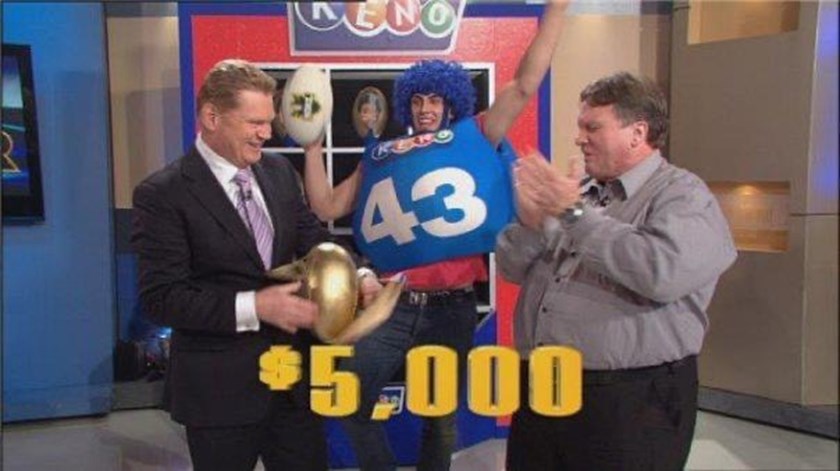 Mark Jackson (centre) during his times as a Keno ball on The Footy Show.