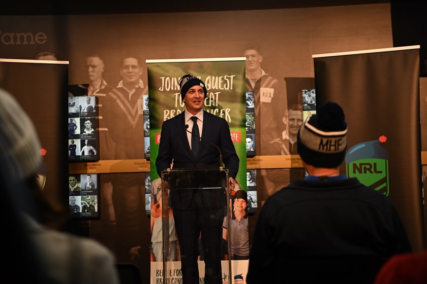 NRL CEO Andrew Abdo helps launch Beanie for Brain Cancer Round.