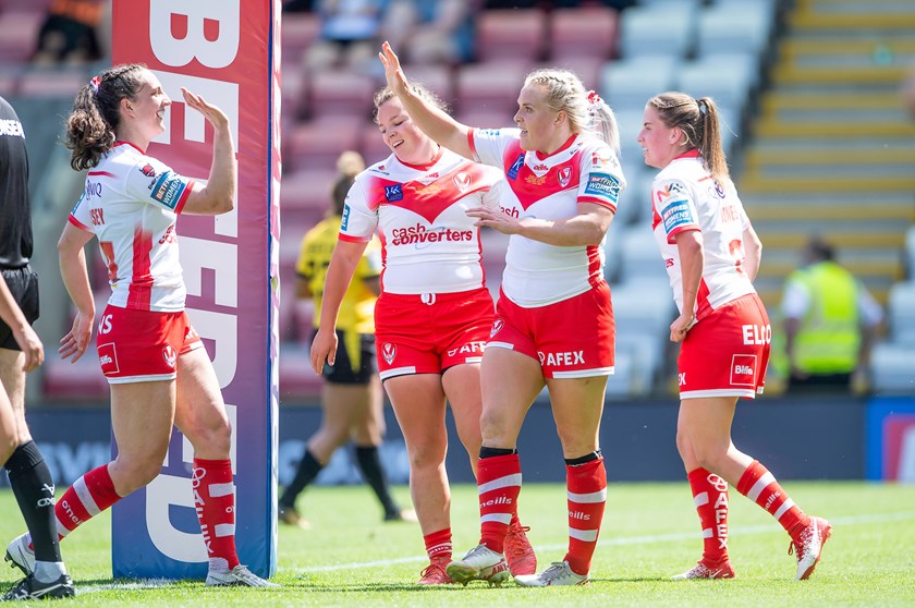 Amy Hardcastle is congratulated after scoring for Saints in the Challenge Cup final.
