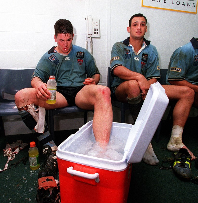 Mark Carroll alongside fellow Blue Michael Vella ater Origin 2, 1999, which NSW won 12-8.