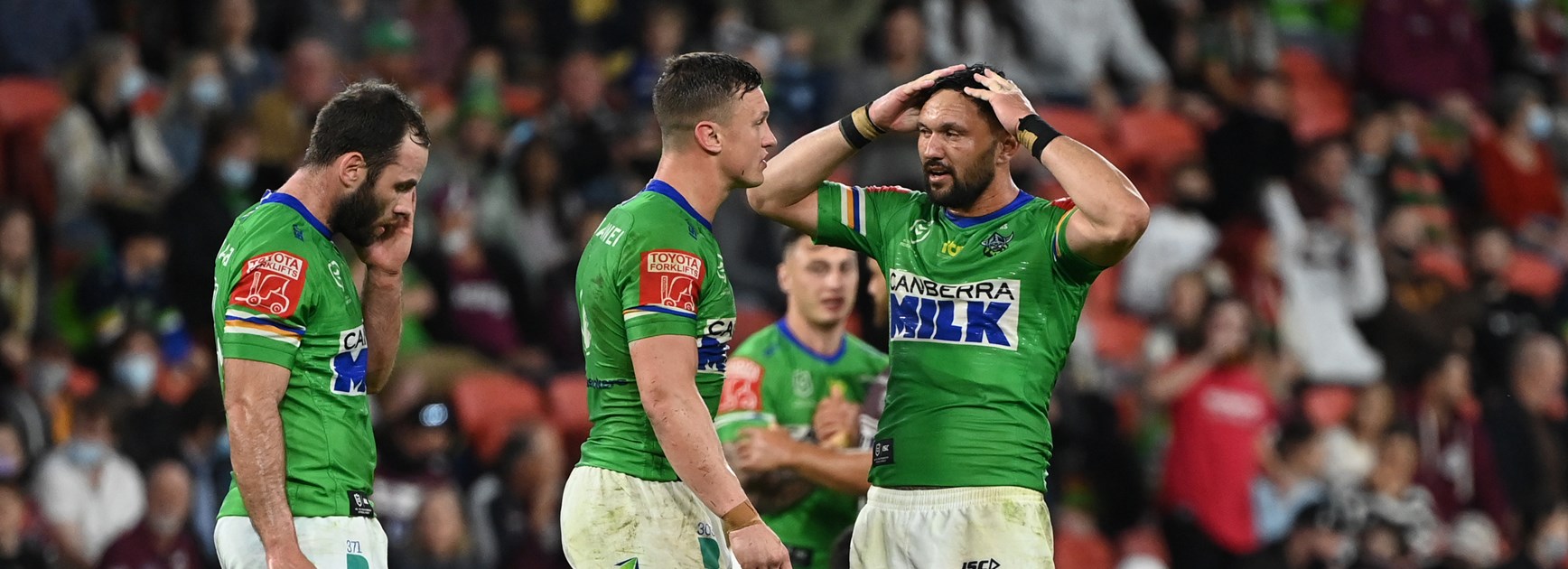 Dejected Canberra players in their loss to Manly.