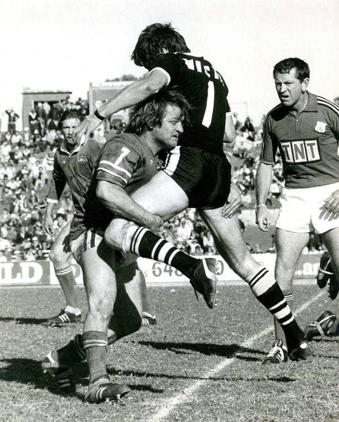 Tom Raudonikis rips into his old club while playing for Newtown in 1980.