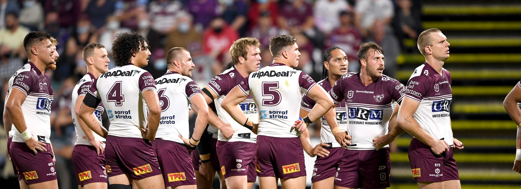 Manly players during a loss to Melbourne.