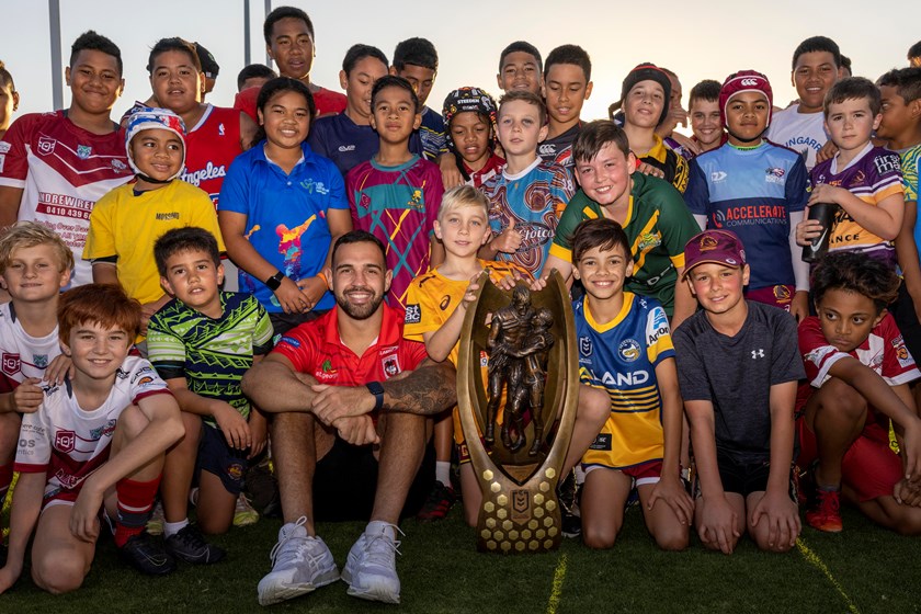 Dragons forward Josh Kerr and young fans with the NRL Trophy in Redcliffe.