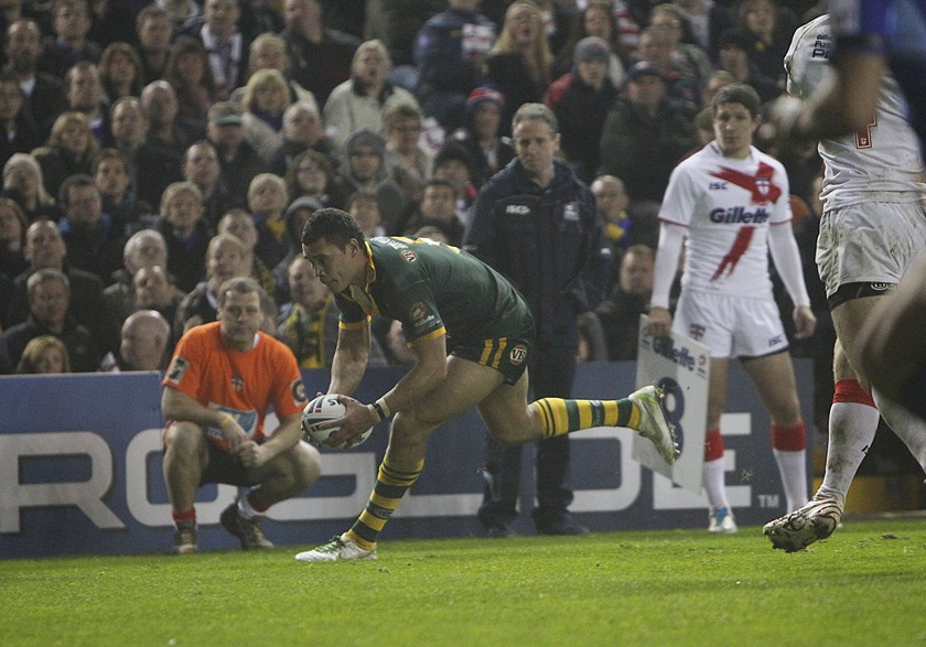 Jharal Yow Yeh crosses for the Kangaroos in the 2011 Four Nations final.