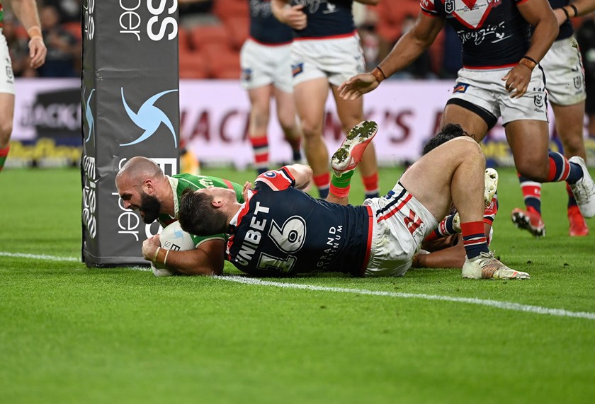 Nicholls scores against the Roosters