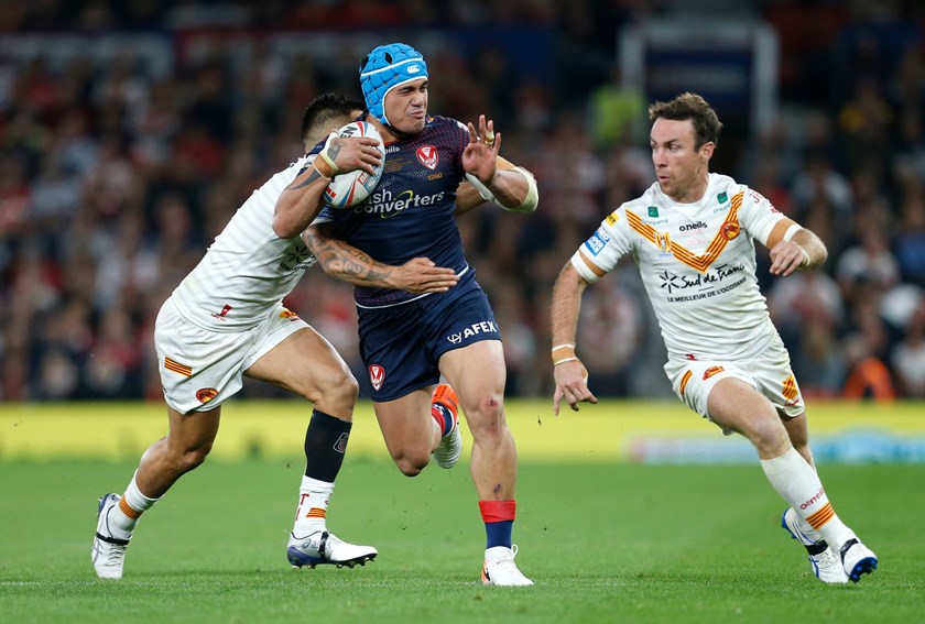 St Helens' Sione Mata'utia and Catalans' James Maloney in the Super League Grand Final.