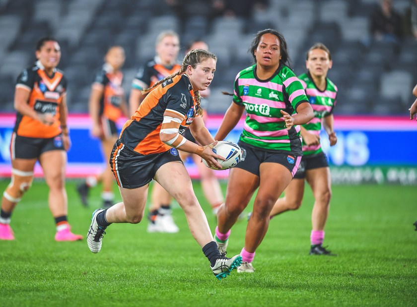 Emily Curtain on the charge for the Wests Tigers in the Harvey Norman NSW Premiership.